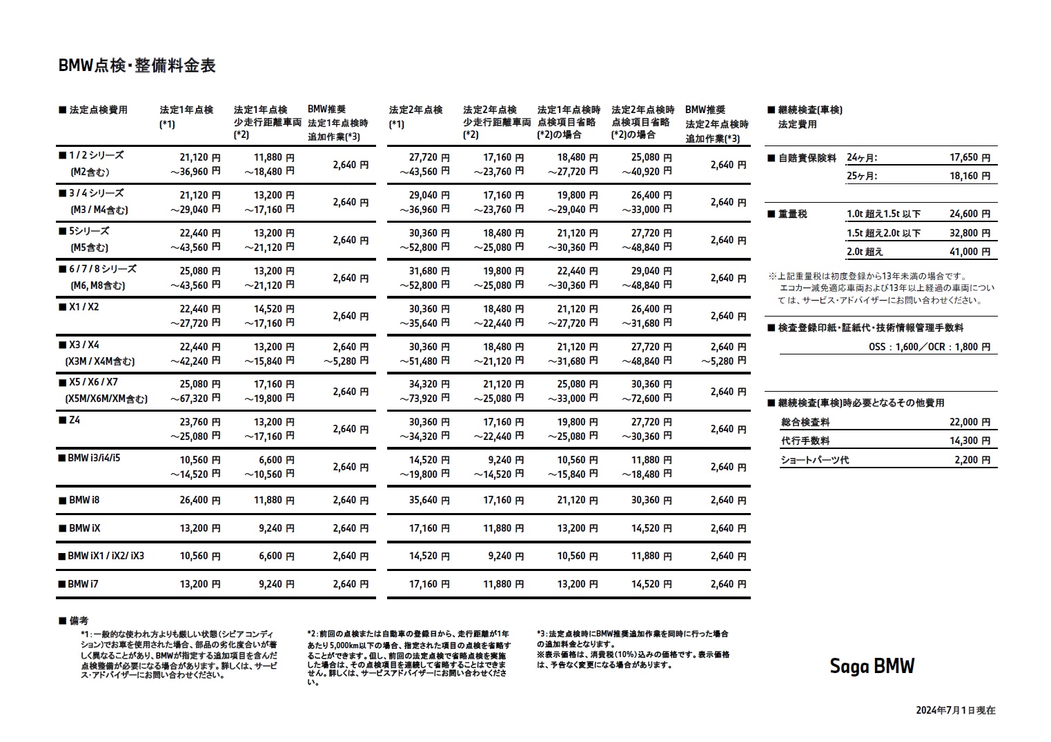 点検整備料金表