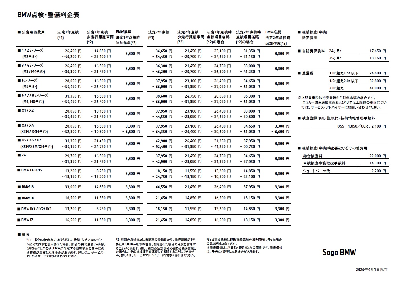点検整備料金表