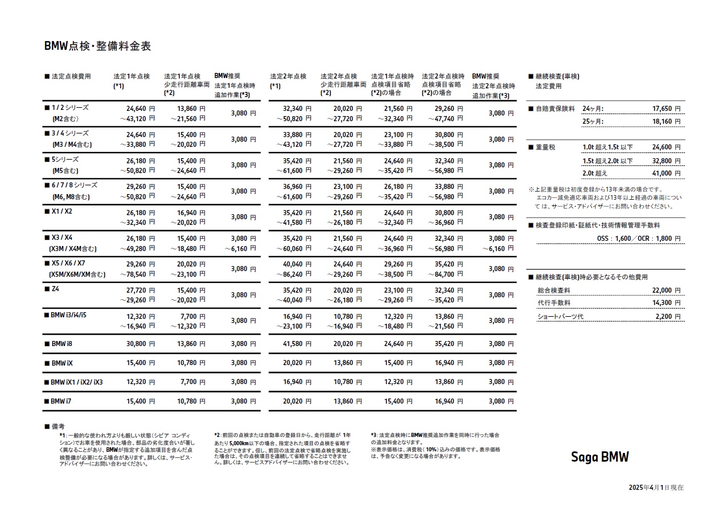 点検整備料金表