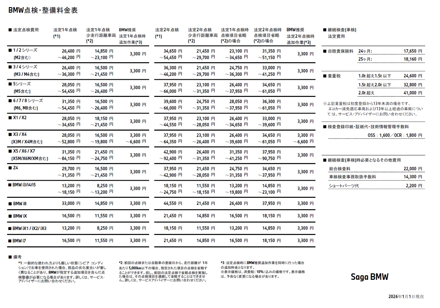点検整備料金表